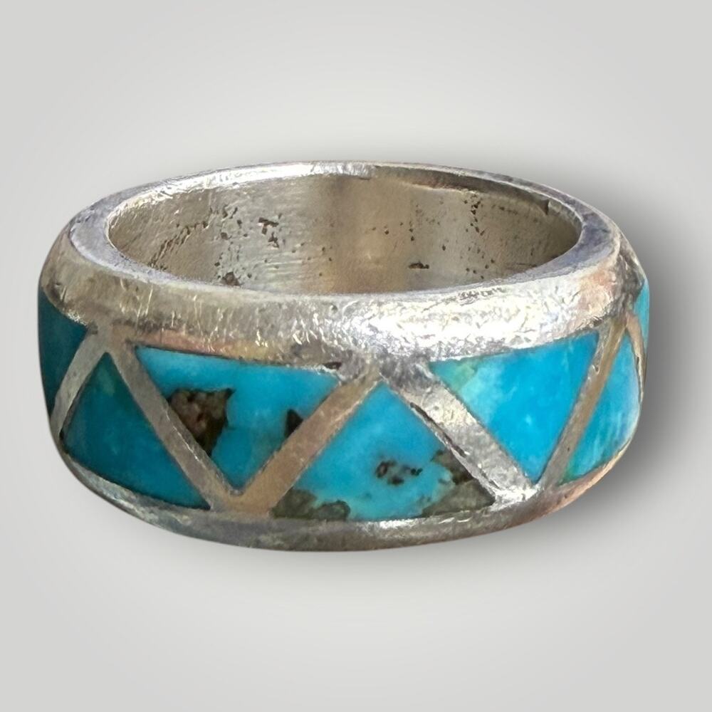 Sterling Silver 925 Turquoise Inlay Band Ring Geometric Size 6-  8.3g